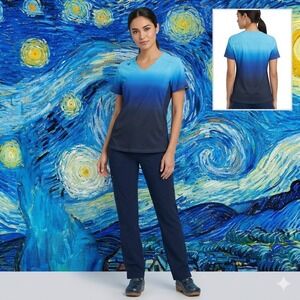 Koi Lite 370PR Women Slim Fit Ombre Scrub‎ Top Blue Navy Small V-Neck Ribbed